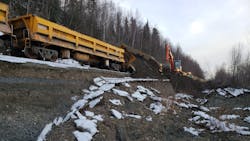 Crews work to repair a damaged portion of track following a 7.0 magnitude earthquake in Alaska. Crews work to repair a damaged portion of track following a 7.0 magnitude earthquake in Alaska.
