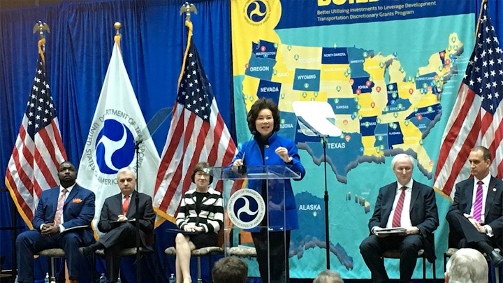 U.S. Department of Transportation Secretary Elaine Chao at an event celebrating the FY18 BUILD grants, which awarded $1.5 billion to infrastructure projects, with $195 million going to transit-related projects.
