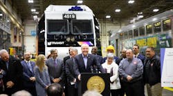 New Jersey Gov. Phil Murphy speaks at an event held at NJ Transit&apos;s Meadows Maintenance Complex to mark the agency&apos;s PTC milestone.
