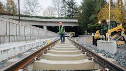 Ballasted track installed east of the Mercer Island station. Ballasted track installed east of the Mercer Island station.