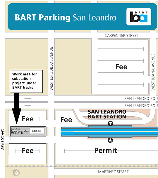 The week of January 7, 2019, Bay Area Rapid Transit plans to temporarily close some parking spaces at the San Leandro Station while the agency works to replace the traction power substation located there.