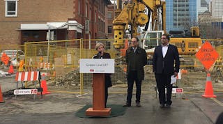 Alberta Premier Rachel Notley, left, with Alberta Minister of Finance Joseph Ceci, center, and Mayor of Calgary Naheed Nenshi, at an event announcing a funding agreement that will green light construction the planned Green Line LRT.