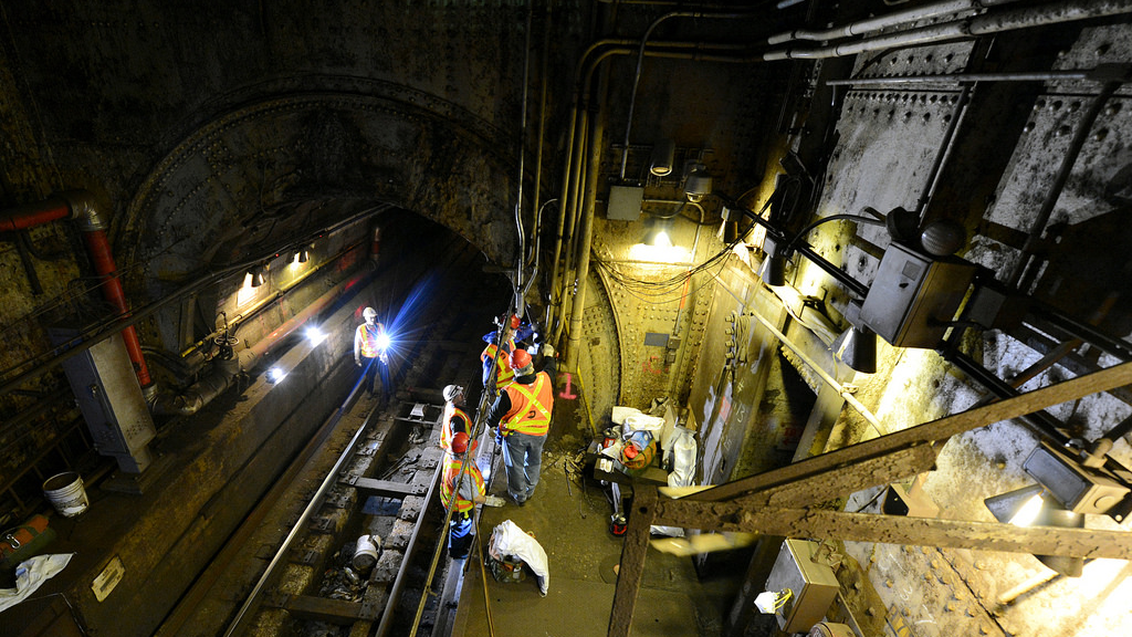 This April 2015 image shows crews at work in a shaft of the Canarsie Tunnel beneath 14th St.