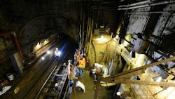 This April 2015 image shows crews at work in a shaft of the Canarsie Tunnel beneath 14th St. This April 2015 image shows crews at work in a shaft of the Canarsie Tunnel beneath 14th St.