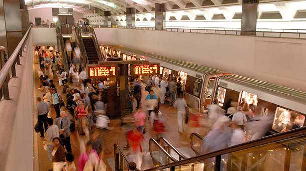 What a typical rush hour scene at the Farragut North Metrorail station on the Red Line looks like.