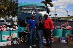 In its second year, Palm Tran’s Stuff-the-Bus employee driven toy drive was a bigger success than Executive Director Clinton B. Forbes imagined. In its second year, Palm Tran’s Stuff-the-Bus employee driven toy drive was a bigger success than Executive Director Clinton B. Forbes imagined.