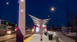 Stantec worked with GEC Architecture to design stations using a “kit of parts” approach, allowing the same components to be used on a variety of scales of stations across the City’s BRT system. The MAX Purple stations include heated shelters, real-time information, security and future allowances for off board fare payment. Photo credit: Jaime Vedres.