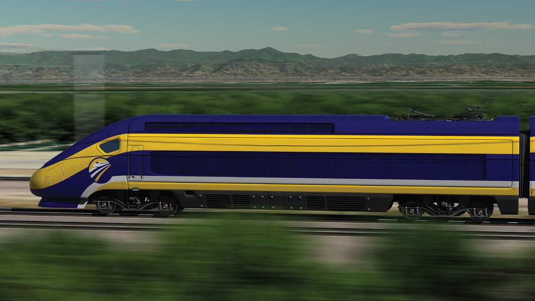 A rendering of the California high-speed rail project in the Central Valley.