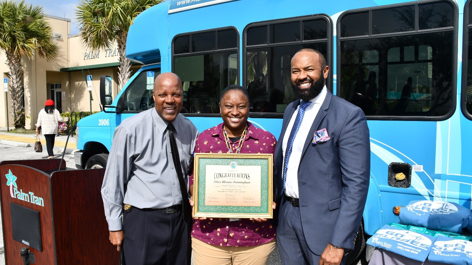 Pahokee Mayor Keith Babb, Pahokee Native Telica Abrams-Cunningham and Palm Tran Executive Clinton B. Forbes.