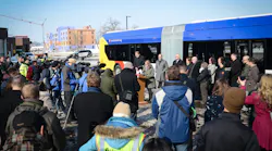 Local officials, media and others gathered Feb. 21, 2019 to celebrate the arrival of the first electric bus for future C Line service.