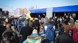 Local officials, media and others gathered Feb. 21, 2019 to celebrate the arrival of the first electric bus for future C Line service.