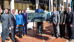 From left to right, Florida State Rep. Wyman Duggan, Jacksonville Mayor Lenny Curry, Secretary Elaine Chao, JTA CEO Nathaniel Ford, U.S. Rep. Al Lawson, JTA Chairman Kevin Holzendorf, Jacksonville City Council President Aaron Bowman, U.S. Rep. John Rutherford.