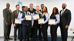 From L to R: Palm Tran Senior Manager of Operations Steven Fields, Assistant Palm Beach County Administrator Todd Bonlarron, Palm Beach County Fire-Rescue Chief Mike Mackey, Bus Operator Judeley Cantave, Bus Operator Chiquita Jackson, Bus Operator Jerome Norton, Bus Operator Tony Dino, bus operator Latoya Harvey, Bus Operator Arleanna Pierre and Palm Tran Executive Director Clinton B. Forbes.