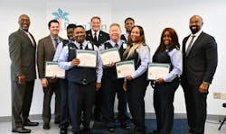 From L to R: Palm Tran Senior Manager of Operations Steven Fields, Assistant Palm Beach County Administrator Todd Bonlarron, Palm Beach County Fire-Rescue Chief Mike Mackey, Bus Operator Judeley Cantave, Bus Operator Chiquita Jackson, Bus Operator Jerome Norton, Bus Operator Tony Dino, bus operator Latoya Harvey, Bus Operator Arleanna Pierre and Palm Tran Executive Director Clinton B. Forbes. From L to R: Palm Tran Senior Manager of Operations Steven Fields, Assistant Palm Beach County Administrator Todd Bonlarron, Palm Beach County Fire-Rescue Chief Mike Mackey, Bus Operator Judeley Cantave, Bus Operator Chiquita Jackson, Bus Operator Jerome Norton, Bus Operator Tony Dino, bus operator Latoya Harvey, Bus Operator Arleanna Pierre and Palm Tran Executive Director Clinton B. Forbes.