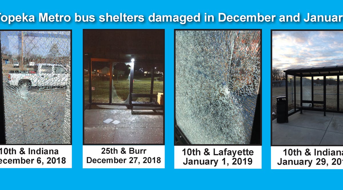 Over the past two weeks, five Topeka Metro bus shelters were vandalized with the glass panels being shot out from the street.