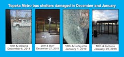 Over the past two weeks, five Topeka Metro bus shelters were vandalized with the glass panels being shot out from the street. Over the past two weeks, five Topeka Metro bus shelters were vandalized with the glass panels being shot out from the street.