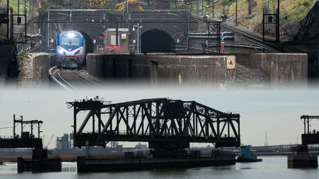 The Hudson Tunnel project (top) and Portal Bridge project (bottom) received a rating from the FTA that makes them ineligible for CIG funding.