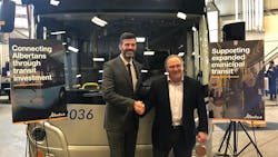 Alberta Transportation Minister Brian Mason and city of Edmonton mayor Don Iveson celebrate Albert Community Transit funding. Alberta Transportation Minister Brian Mason and city of Edmonton mayor Don Iveson celebrate Albert Community Transit funding.
