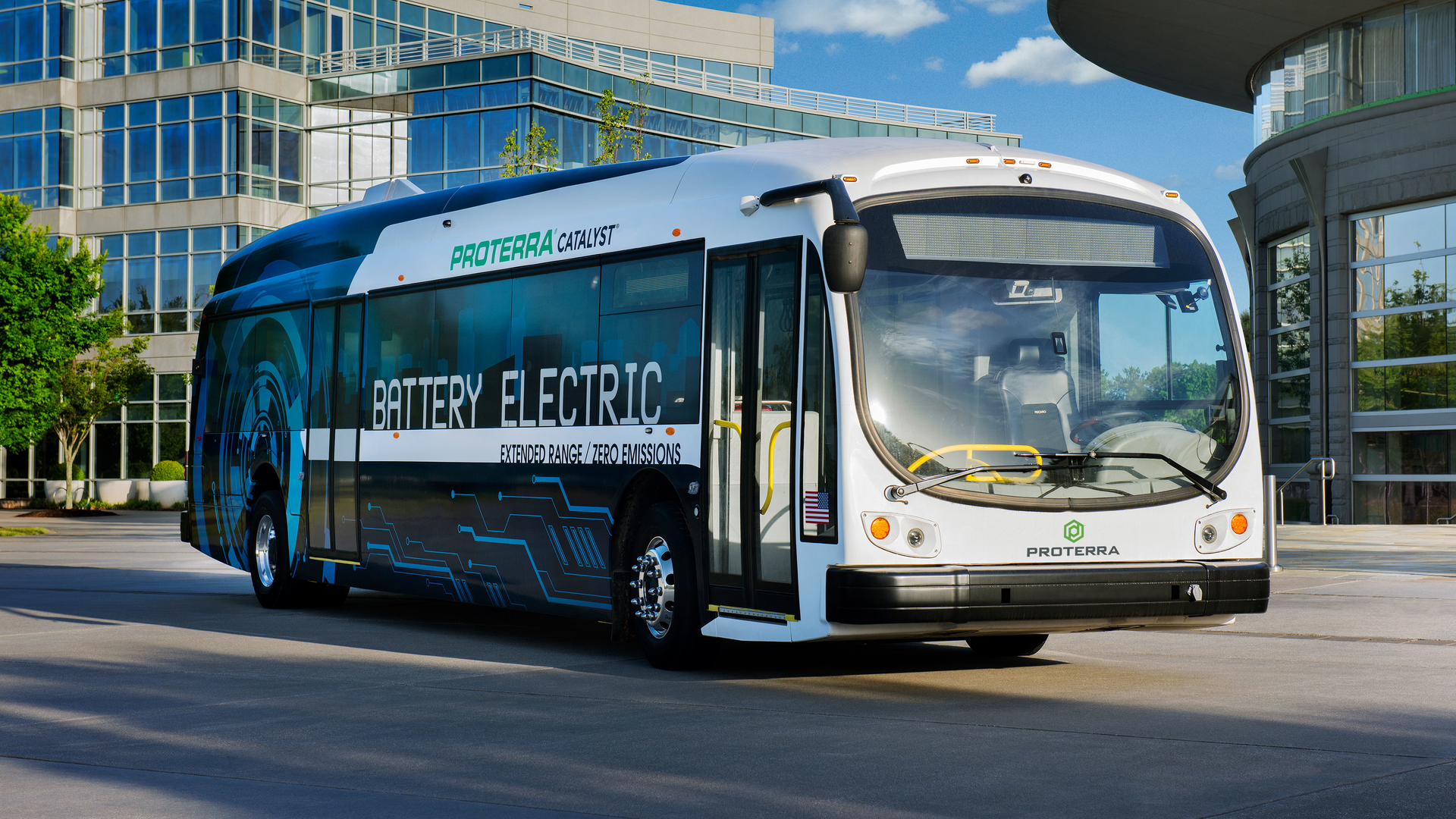 A 40-foot Proterra Catalyst Battery-Electric bus.