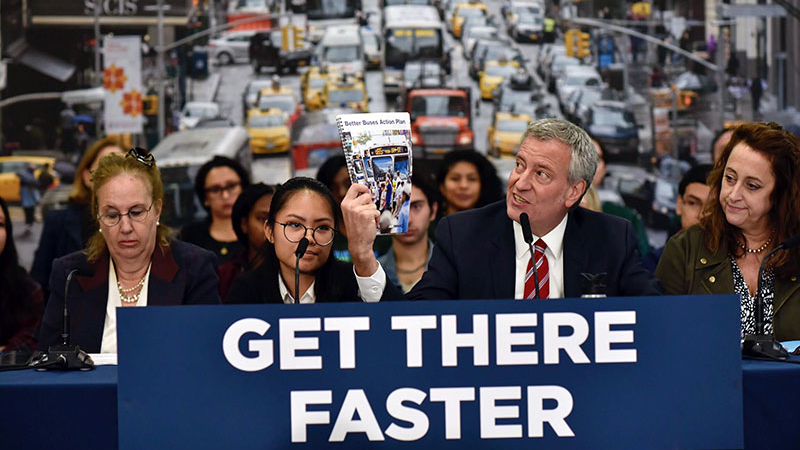 Mayor de Blasio made the announcement along Lexington Avenue on the Upper East Side, among the corridors that will see major bus improvements this year.