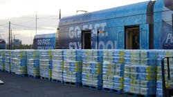 All 115,500 bottles of water used to test the Gilbert Road light-rail extension were donated to a local food bank. All 115,500 bottles of water used to test the Gilbert Road light-rail extension were donated to a local food bank.