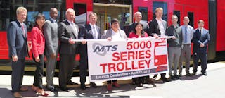 (From Left to Right) Mike Wygant, Chief Operating Officer, MTS Bus; Kim Kawada, Chief Deputy Executive Director, SANDAG; Brian Riley, Superintendent of Transportation, MTS Rail; Wayne Terry, Chief Operating Officer, MTS Rail; Paul Jablonski, Chief Executive Officer, MTS; Georgette G&oacute;mez, City of San Diego Council President and Board of Directors Chair, MTS; Mona Rios, Vice Chair, MTS; Robin Stimson, Vice President of Business Development, Siemens; Chuck Bell, Project Manager, Siemens; Nick Balfour, Engineering Project Manager, Siemens; Andy Goddard Jr., Superintendent of LRV Maintenance, MTS Rail; Ed Graham, Assistant Superintendent of Transportation, MTS Rail.