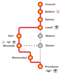 A map showing the full vision of the BSRC; initial runs would operate between Woonsocket and Worcester in late 2020.