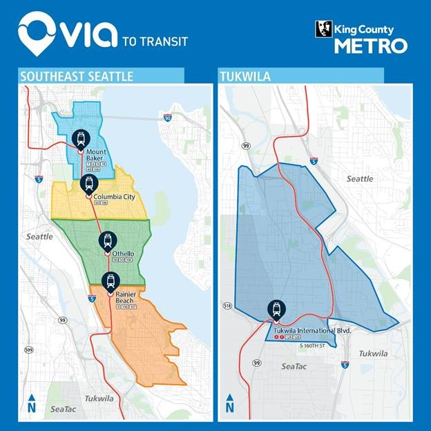 Customers in the service areas can use the Via app or call 206-258-7739 to hail a ride to and from five Link light rail stations where they can board a Metro bus or a Link light rail train.