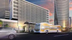 An AECOM produced rendering of a full-sized, full-speed bus in a live service environment.