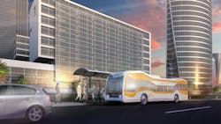 An AECOM produced rendering of a full-sized, full-speed bus in a live service environment. An AECOM produced rendering of a full-sized, full-speed bus in a live service environment.