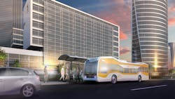 An AECOM produced rendering of a full-sized, full-speed bus in a live service environment.