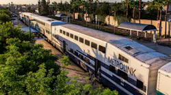 Passengers board one of the Sentinel rail cars operated by Metrolink in this September 2018 image.