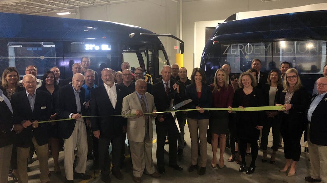 Center: Jeff Nelson, General Manager, MetroLINK, Left from Nelson: Mokhtee Ahmad, FTA Region VII Administrator, Mayor Mike Thoms, city of Rock Island. Right from Nelson: Rep. Cheri Bustos, Mayor Stephanie Acri, city of Moline