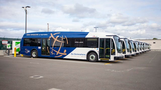 All 10 battery-electric, zero-emission buses are at the ready to transport passengers around Mineta San Jos&eacute; International Airport.