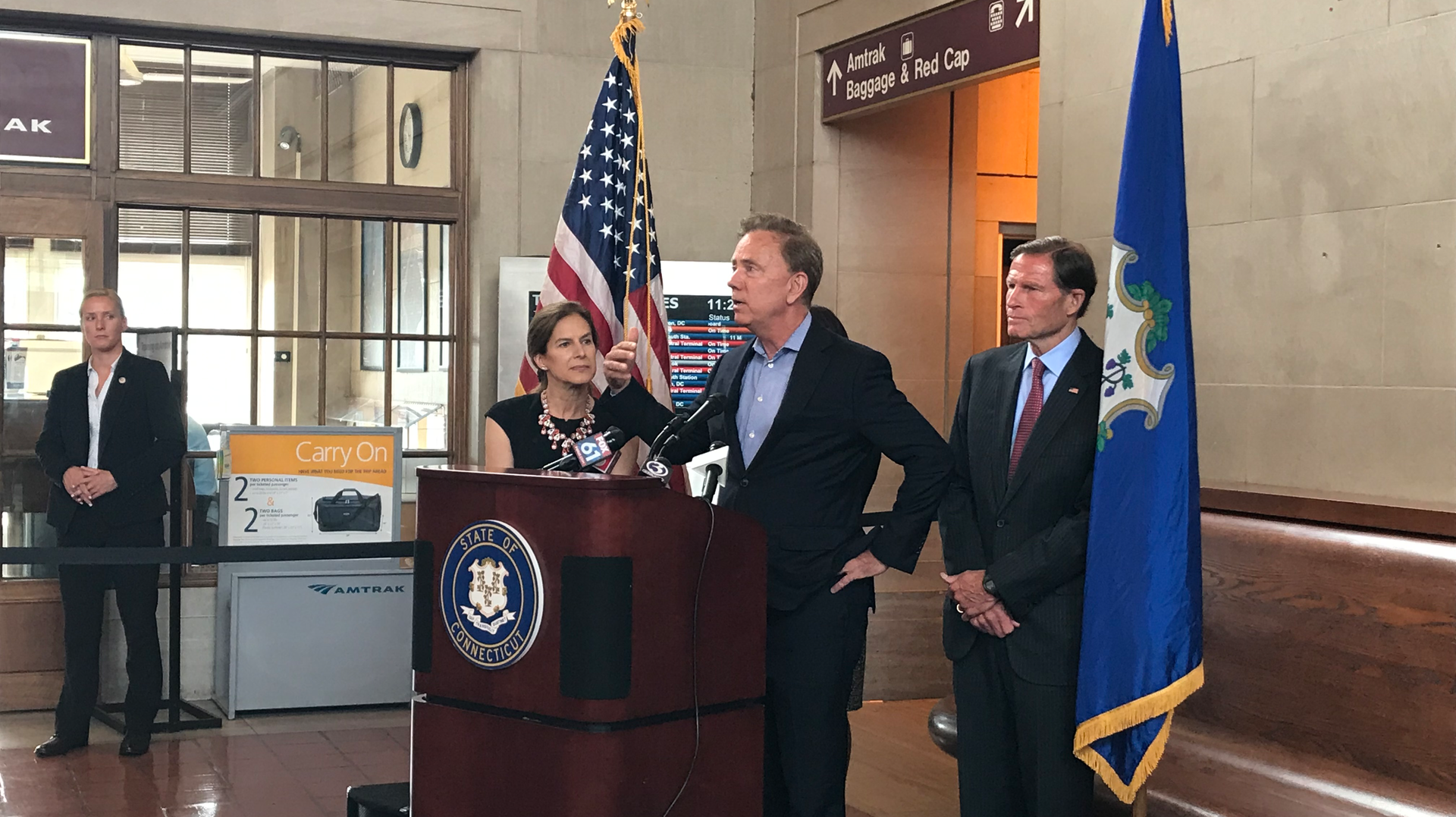 Gov. Lamont speaks at an event marking the one-year anniversary of the Ctrail Hartford Line.