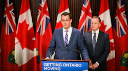 Minister of Infrastructure Monte McNaughton speaks during a call for the Canadian government to financially support the planned Ontario Line with Ontario Minister of Transportation Jeff Yurek.