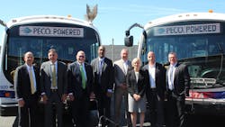 SEPTA officials and industry partners stand in front of two of the transit authority's new battery electric buses at the Southern Bus Depot. SEPTA officials and industry partners stand in front of two of the transit authority's new battery electric buses at the Southern Bus Depot.