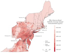 PM2.5 Exposure Varies Greatly across the Northeast and Mid-Atlantic. Note: Metropolitan areas in the District of Columbia, Maryland, New Jersey, New York, Pennsylvania, and Rhode Island have many areas with PM2.5 pollution at least twice as high as the regional average. There is much variability between exposure in urban and rural areas of all states. PM2.5 Exposure Varies Greatly across the Northeast and Mid-Atlantic. Note: Metropolitan areas in the District of Columbia, Maryland, New Jersey, New York, Pennsylvania, and Rhode Island have many areas with PM2.5 pollution at least twice as high as the regional average. There is much variability between exposure in urban and rural areas of all states.