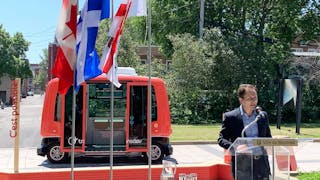Arthur Nicolet, CEO of Transdev Canada, speaking at the June 27 launch of Montreal&apos;s autonomous shuttle.