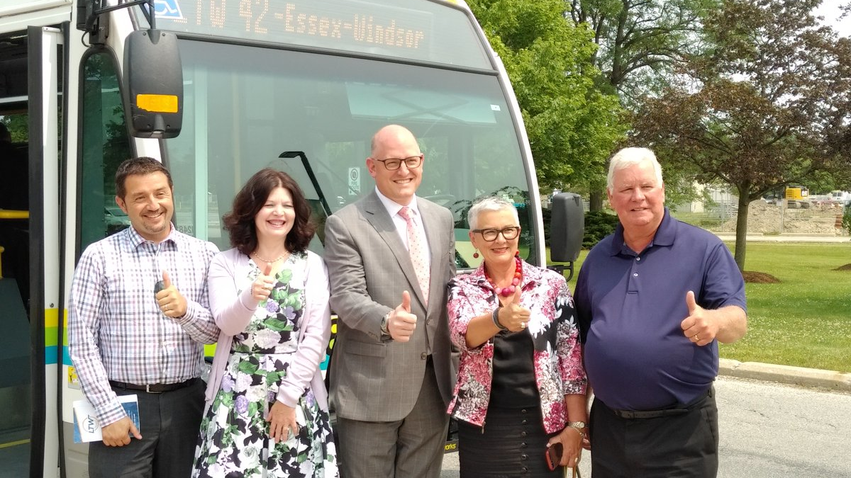 Left to right, Kingsville Mayor Nelson Santos, St. Clair President Patti France, Windsor Mayor Drew Dilkens, Leamington Mayor Hilda MacDonald and Essex Mayor Larry Snively during the inaugural run of Route 42.