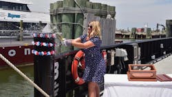 Hyde County Manager Kris Noble christened the N.C. Department of Transportation&rsquo;s new vehicle ferry, the M/V Rodanthe. The June 28 event also included a celebration of the inaugural season of the new passenger ferry, the Ocracoke Express.&NegativeMediumSpace;
