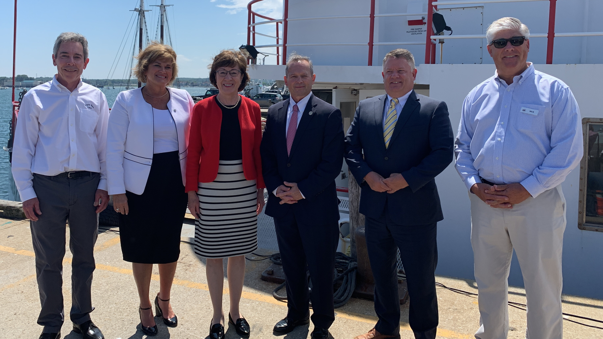 Left to right: Casco Bay Lines General Manager Berg, FTA Acting Administrator Williams, Sen. Susan Collins, Deputy Maritime Administrator Balzano, and Casco Bay Lines Operations Manager Mavodones.
