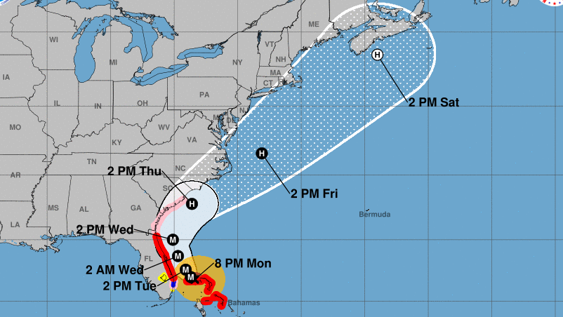 Hurricane Dorian's projected path as of Monday evening with red indicating hurricane warnings, blue indicating tropical storm warnings and pink indicating hurricane watches and yellow indicating tropical storm watches.