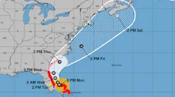 Hurricane Dorian's projected path as of Monday evening with red indicating hurricane warnings, blue indicating tropical storm warnings and pink indicating hurricane watches and yellow indicating tropical storm watches.