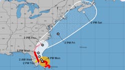 Hurricane Dorian's projected path as of Monday evening with red indicating hurricane warnings, blue indicating tropical storm warnings and pink indicating hurricane watches and yellow indicating tropical storm watches. Hurricane Dorian's projected path as of Monday evening with red indicating hurricane warnings, blue indicating tropical storm warnings and pink indicating hurricane watches and yellow indicating tropical storm watches.