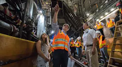 MTA's Janno Lieber points out work during a tour of the Canarsie Tunnels to New York Gov. Andrew Cuomo, right.