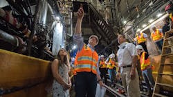 MTA&apos;s Janno Lieber points out work during a tour of the Canarsie Tunnels to New York Gov. Andrew Cuomo, right.