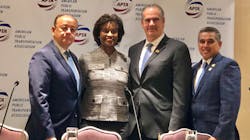Left to right, APTA President and CEO Paul P. Skoutelas, APTA Chair and General Manager and CEO of the Santa Clara Valley Transportation Authority Nuria Fernandez, NAR 2019 First Vice President Charlie Oppler and New York State Association of Realtors 2019 President Moses Seuram. Left to right, APTA President and CEO Paul P. Skoutelas, APTA Chair and General Manager and CEO of the Santa Clara Valley Transportation Authority Nuria Fernandez, NAR 2019 First Vice President Charlie Oppler and New York State Association of Realtors 2019 President Moses Seuram.