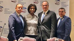 Left to right, APTA President and CEO Paul P. Skoutelas, APTA Chair and General Manager and CEO of the Santa Clara Valley Transportation Authority Nuria Fernandez, NAR 2019 First Vice President Charlie Oppler and New York State Association of Realtors 2019 President Moses Seuram.