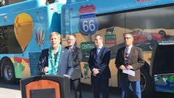 Mayor Tim Keller, Transit Director Danny Holcomb, City Councilor Ken Sanchez and Albuquerque Chief Operating Officer Lawrence Rael in front of what the mayor called some of the most colorful buses in the world. Mayor Tim Keller, Transit Director Danny Holcomb, City Councilor Ken Sanchez and Albuquerque Chief Operating Officer Lawrence Rael in front of what the mayor called some of the most colorful buses in the world.